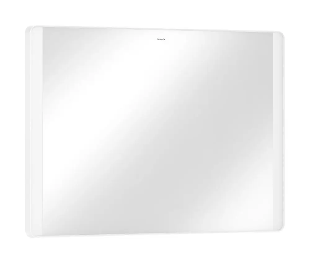 Weißer Spiegel mit seitlicher LED-Beleuchtung, montiert an der Wand. Marke Hansgrohe, schlichtes Design ohne sichtbare Bedienelemente.